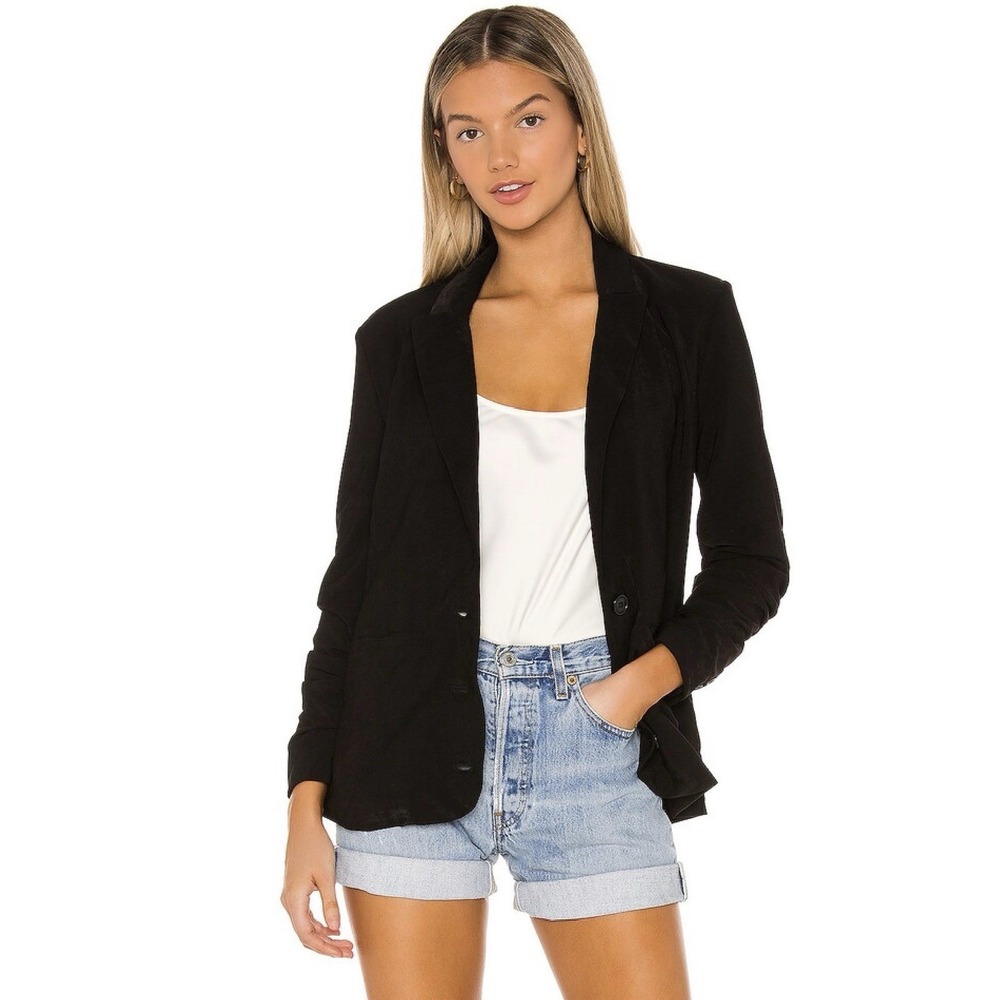 Lovers & Friends Kamille Blazer Jacket Padded Shoulders Ruched Sleeves XS Black